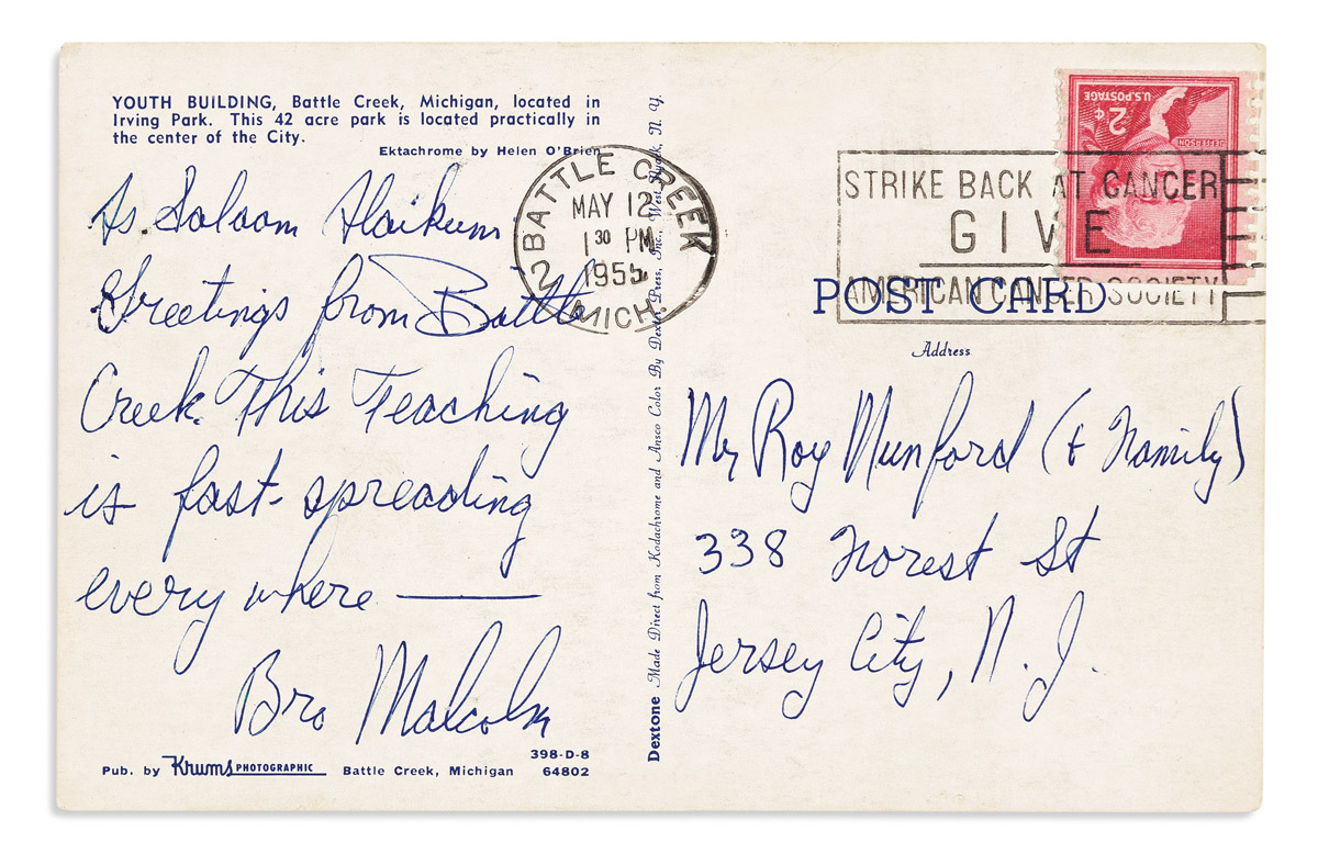 MALCOLM X. Autograph Note Signed, Bro Malcolm, to Roy Munford, on a postcard: